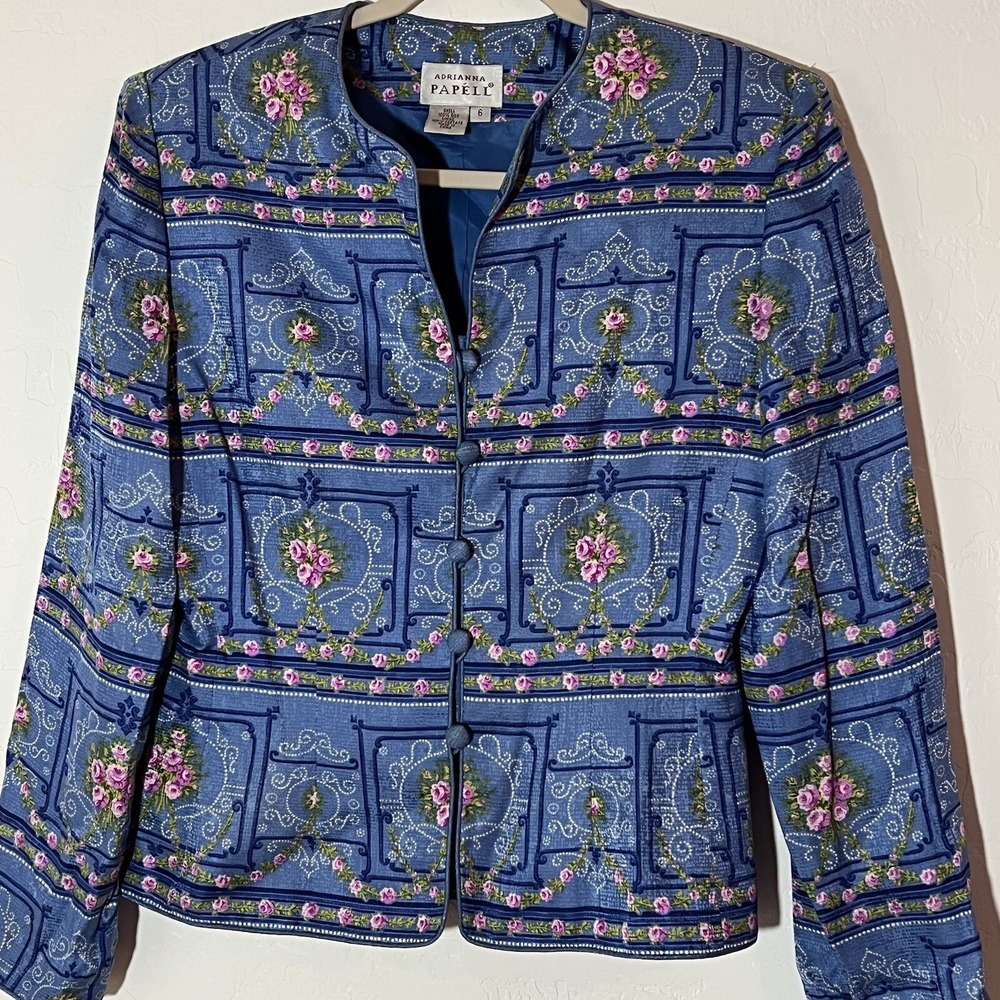 Adrianna Papell Blue Silk Vintage Print Button Lined Blazer Jacket Women Size 6